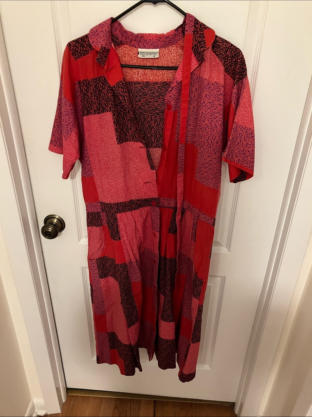 Vintage Marimekko Red & Pink Button-Front cotton Midi Dress